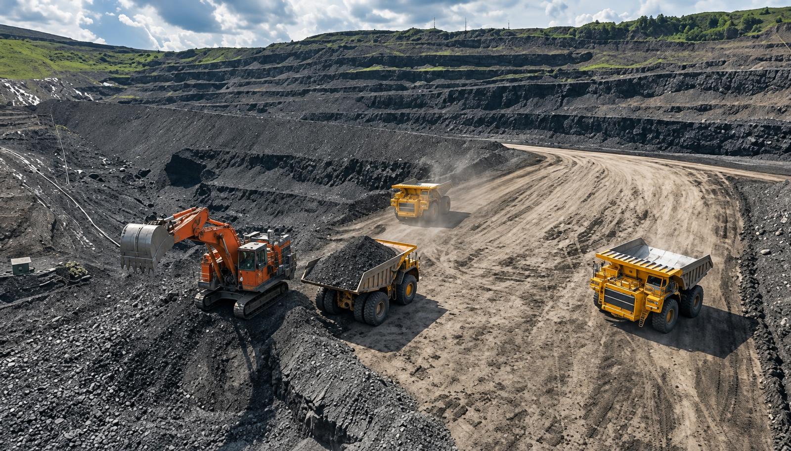 Excavator loading coal into haul trucks in an open-pit mine