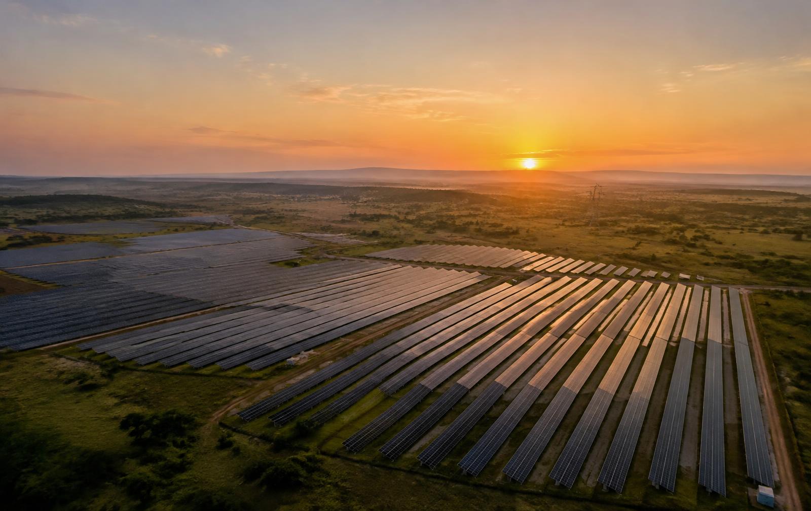 Aerial view of a utility-scale solar farm at sunrise