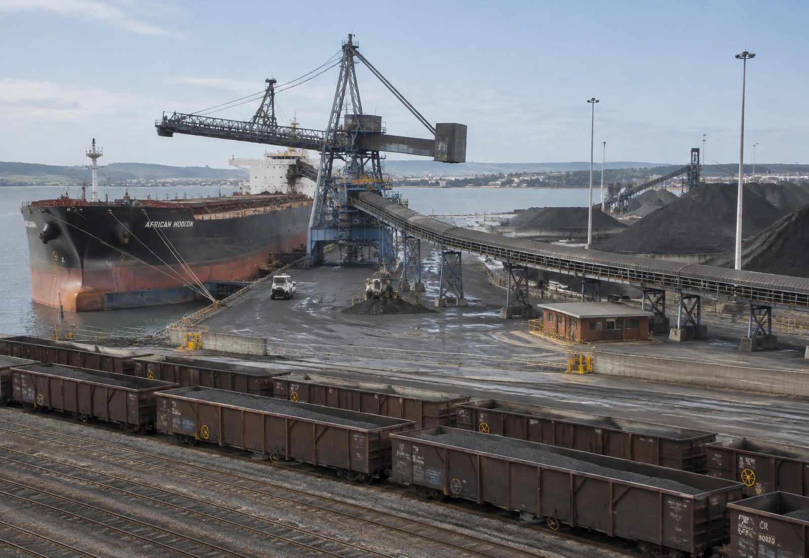 Ore wagons and ship loaders at a bulk commodity port