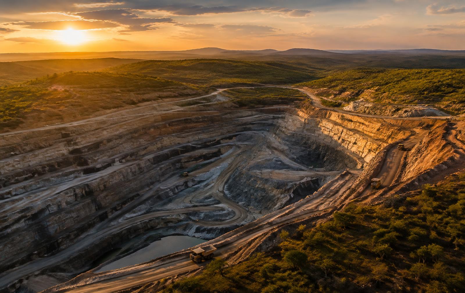 Aerial view of an open-pit mine with haul trucks at sunset