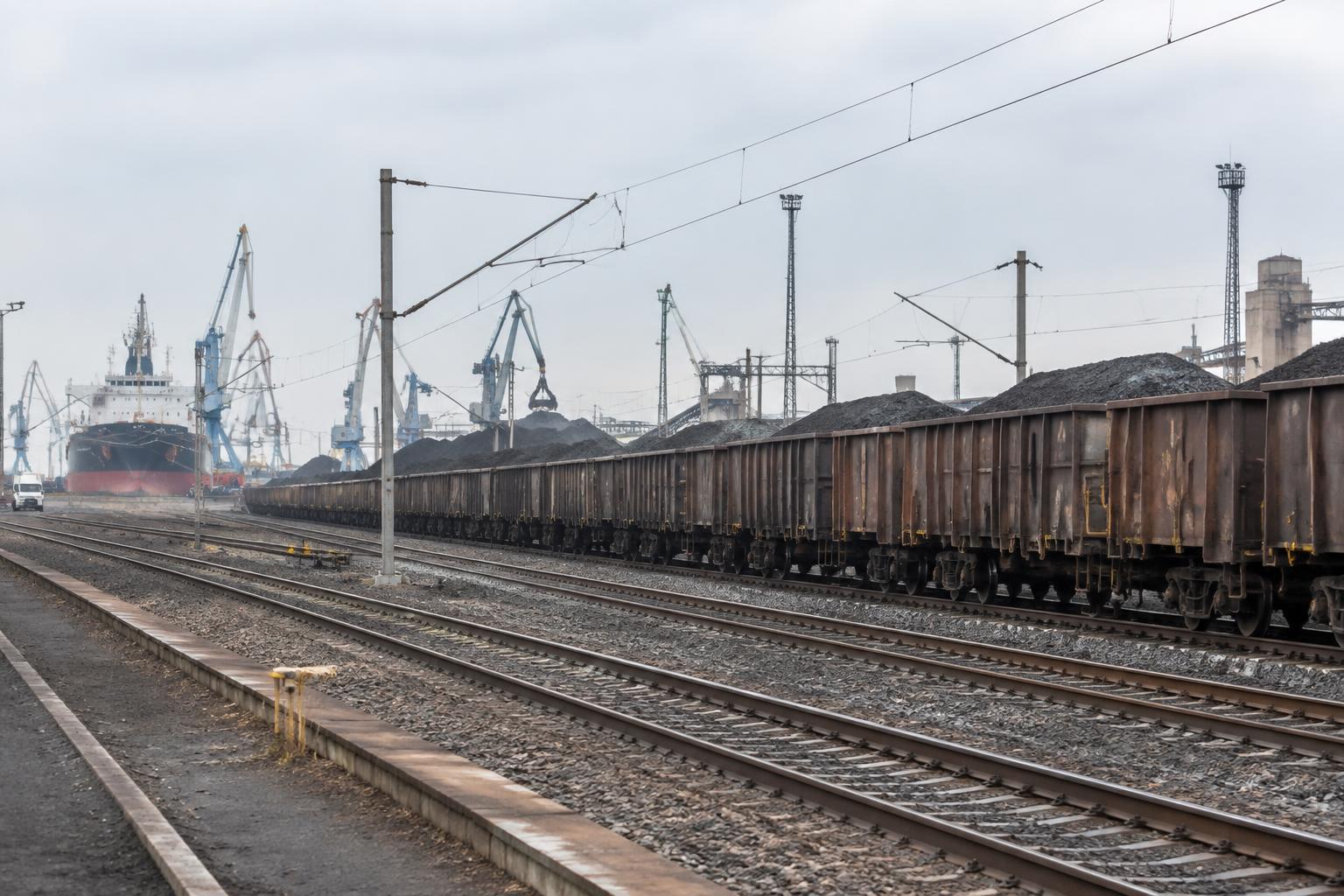 Loaded bulk freight wagons beside port cranes in natural daylight